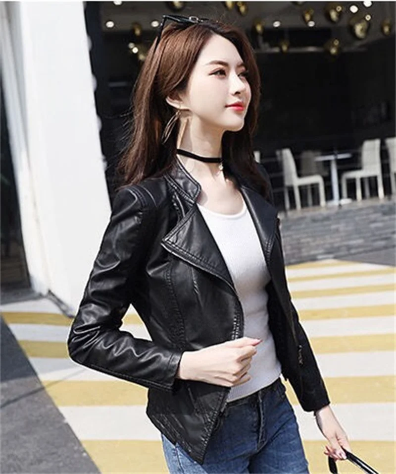 Nouveau Femmes classique manteau en cuir printemps automne 2025 mode costume col mince court en peau de mouton vêtements d'extérieur Biker en cuir femme