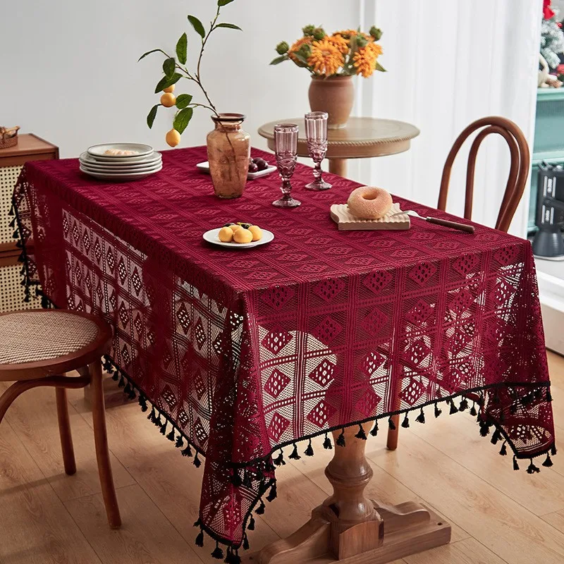 Luxury Crochet Diamond Solid Tablecloth Hollow Non-Slip Lace Table Cover for Wedding Banquet American Wear-Resistant Home Decor