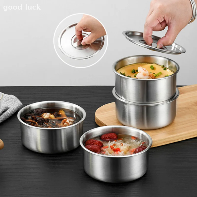 Cuenco de acero inoxidable para huevos al vapor, Ramen, arroz, fruta, ensalada, estofado, tazones con tapas, taza para sopa, contenedor de comida, suministros de vajilla de cocina