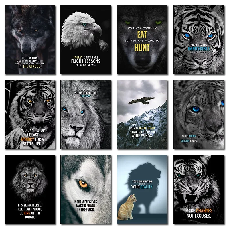 Animal Motivation Poster Wolf Lion Eagle Tiger Animal Picture Canvas Print Nordic Wall Art Decor For House Room Art Decoratio