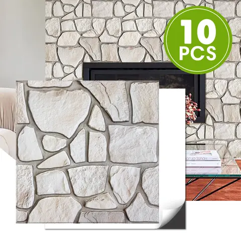 10 Pcs 3D Faux Stone Peel and Stick Wall Panels, Tile Stickers Waterproof, Wall Stickers for Living Room