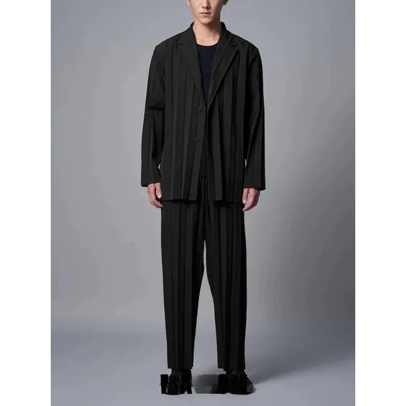 

Miyake Pleated Men's New Casual Suit Lapel Long Sleeve Jacket Coat Elasticated Stretch Waistband Straight Leg Pants Wrinkle-Free