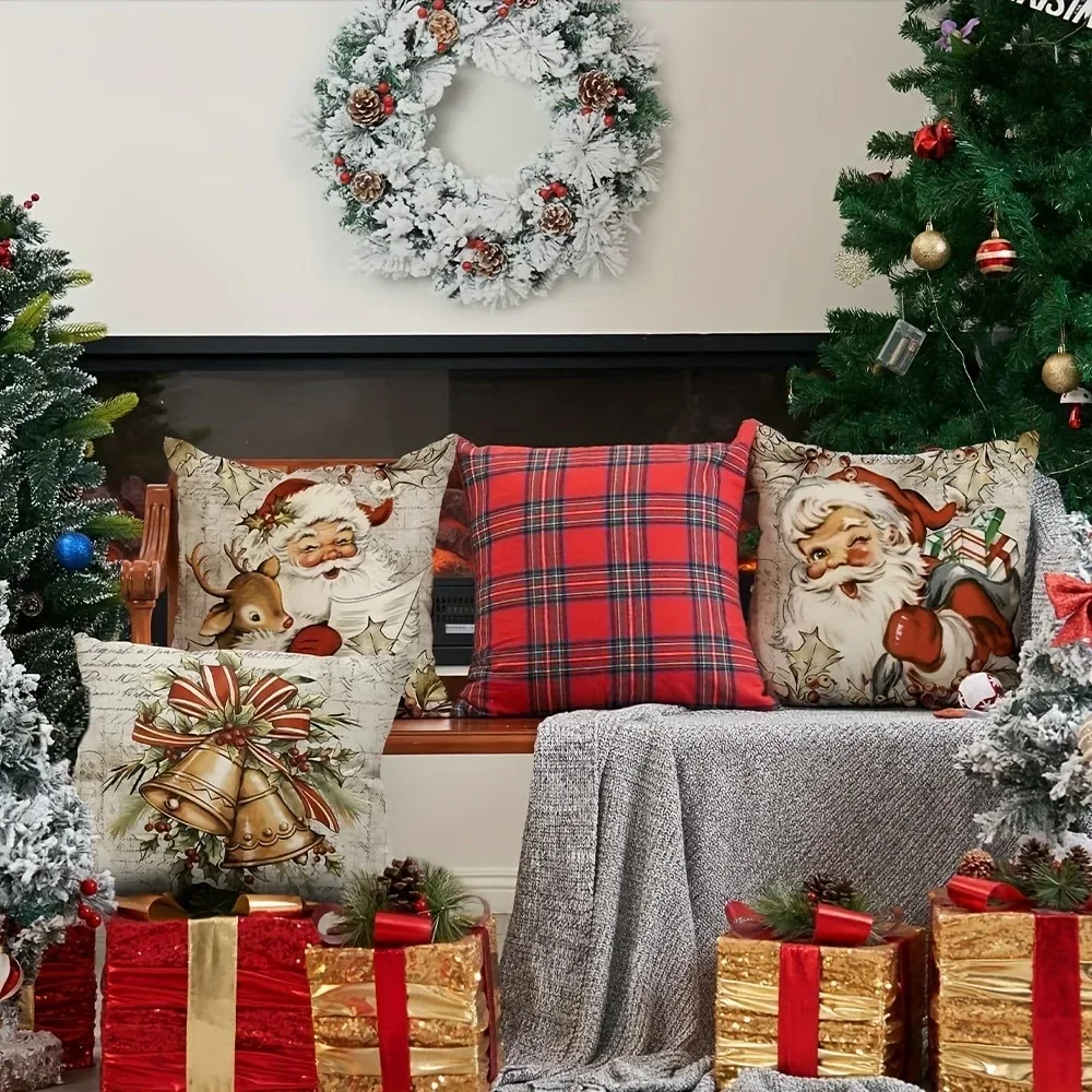 Christmas decoration pillowcase retro farmhouse style Santa Claus garland bell pattern sofa cushion cover home decoration