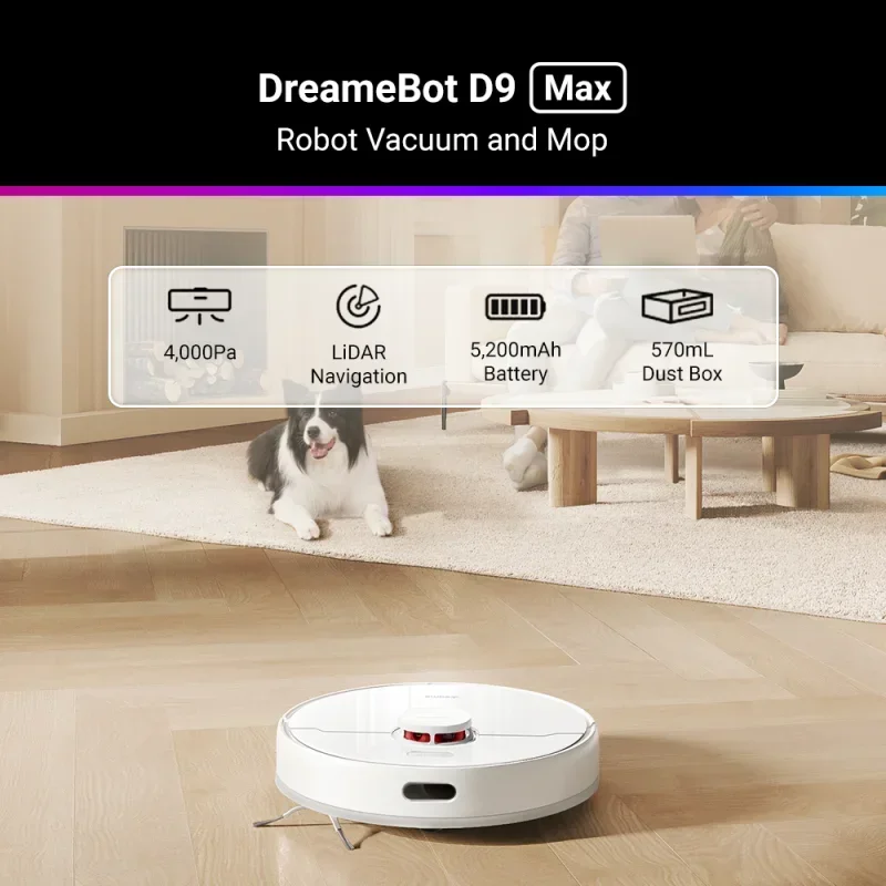 Global Dreame D9 Max Robot Vacuum Cleaner and Mop | 4000Pa Strong Suction | Sweep and Mop 2-in-1, 150min Runtime (White)