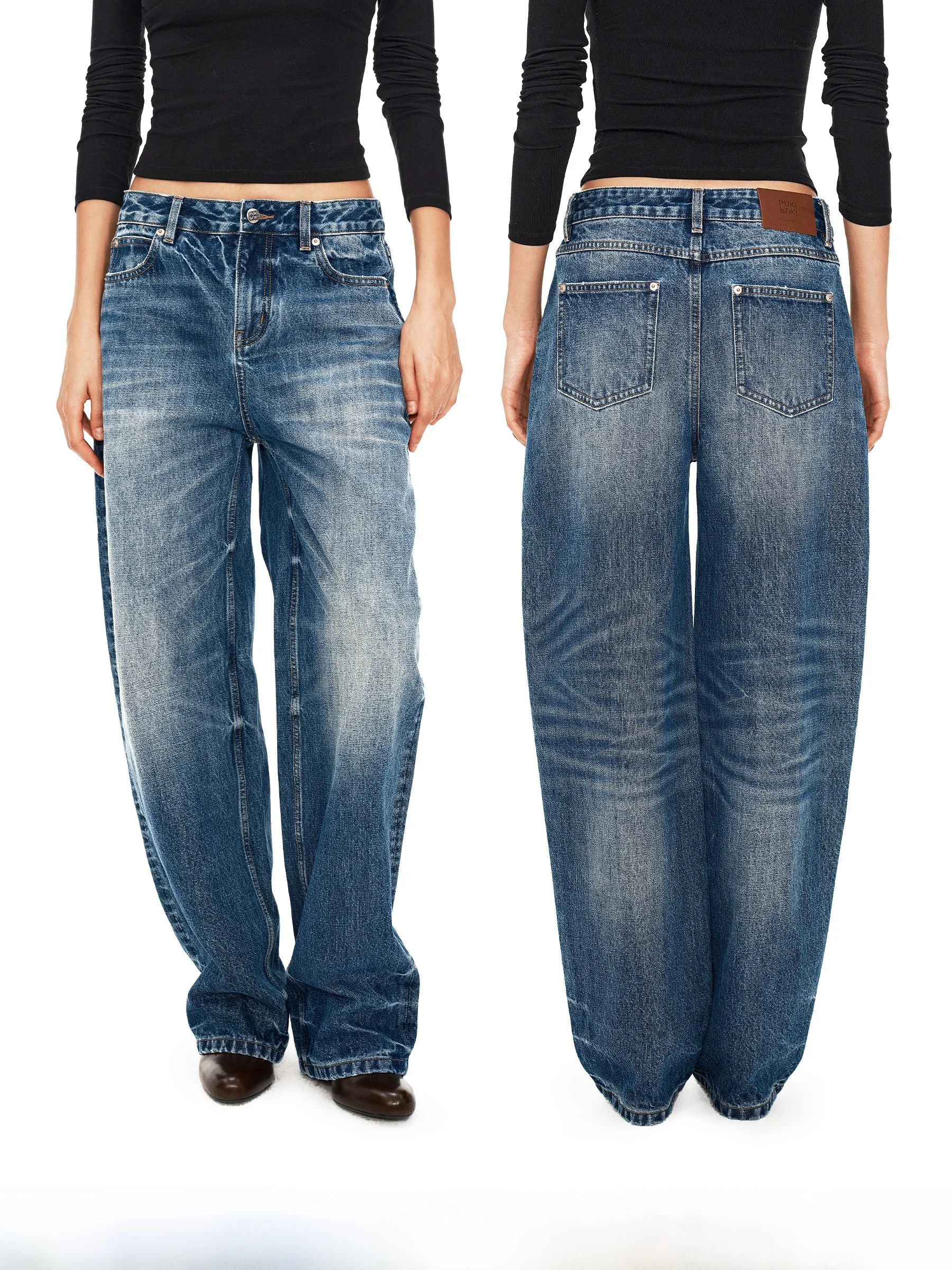 

Классические ретро-джинсы синего цвета Puki Gun Flower Crt Special, с ручной вышивкой, повседневные, со средней посадкой, женские, свободного кроя, с низкой посадкой