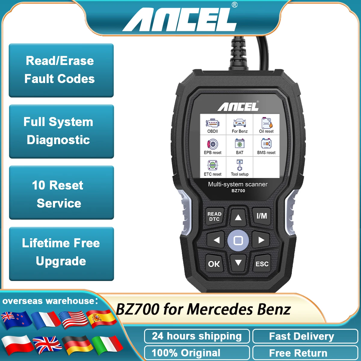 ANCEL BZ700 OBDII Dignostic Scanner All System Scan Tool 10 Reset Car Diagnostic Tool for Mercedes Benz Sprinter Smart