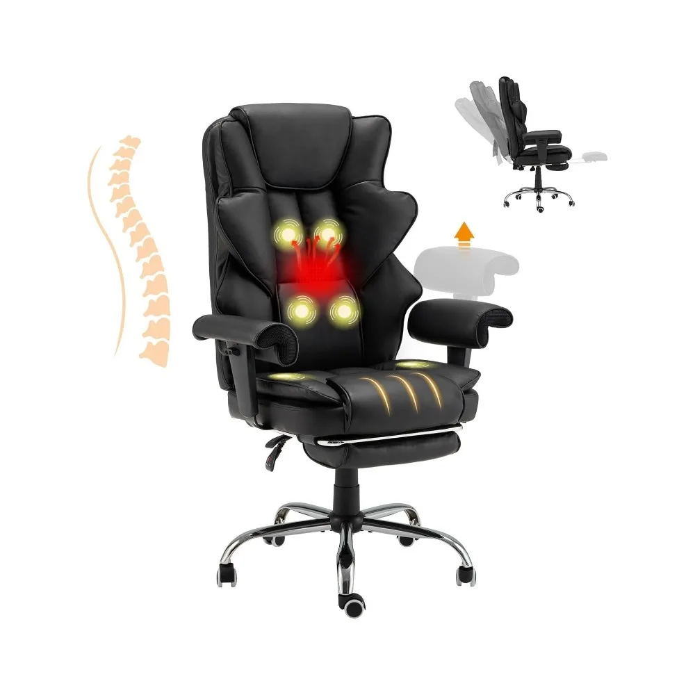 6-Point Massage Executive Chair,Heat OfficeChair,Ergonomic Home Office Desk Chairwith Retractable Footrest andReclining Function