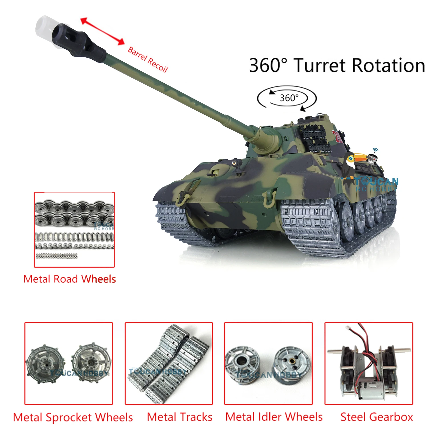 

Heng Long 1/16 7.0 King Tiger RC Tank 3888A Metal Wheels Barrel Recoil RTR Collectible Military Toy for Adults