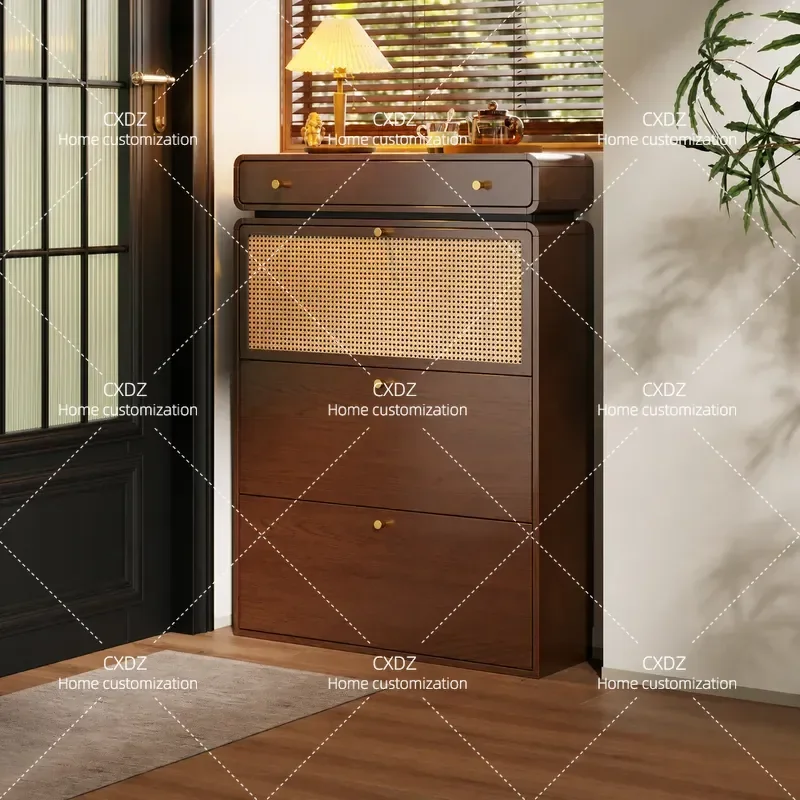 Solid Wood Ultra Thin Tipping Bucket Shoe Cabinet Household Entryway Storage Rack Wall Mounted Rattan Shoe Organizer