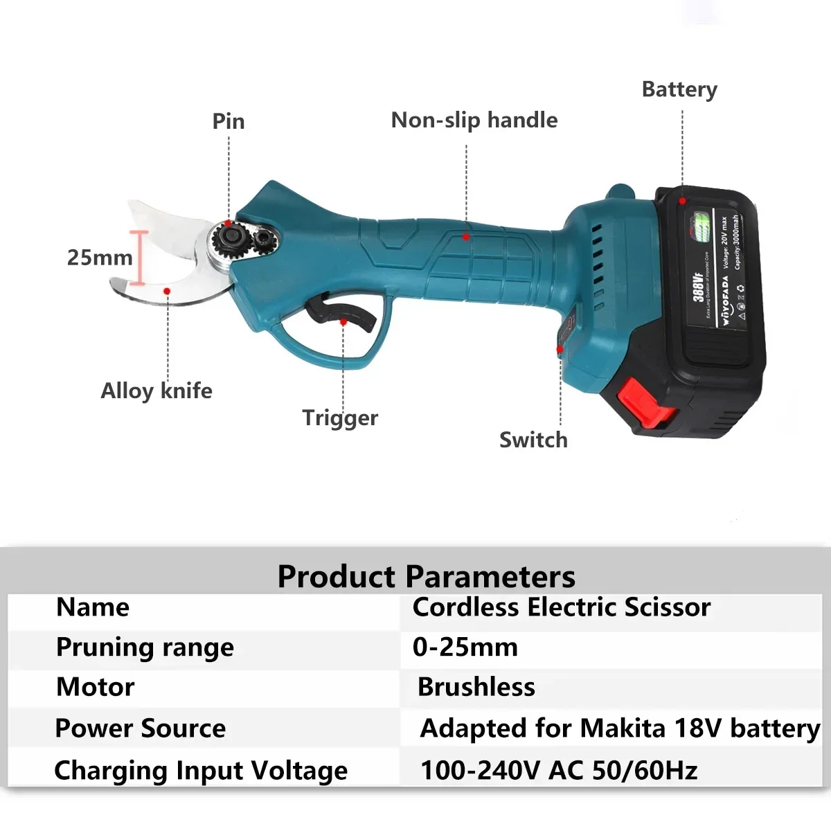 Tijeras de podar inalámbricas de 4 engranajes, podadora eléctrica eficiente de árboles frutales, bonsái, cortador de ramas de árboles, Compatible con batería Makita de 18V