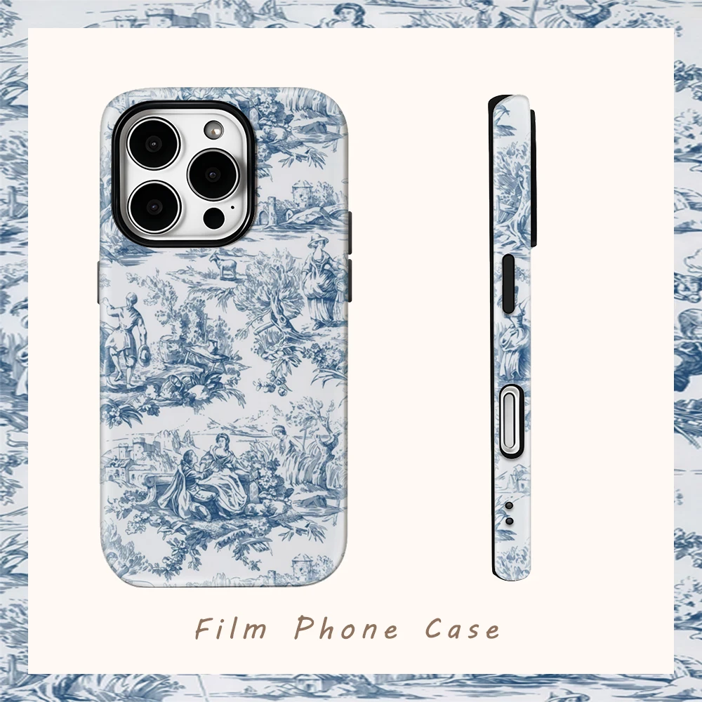 Blau lackierte ländliche Handyhülle für iPhone 16 15 14 13 12 11 X XS XR XS MAX 7 8 Pro Max Plus Doppelschichtige Rückseite