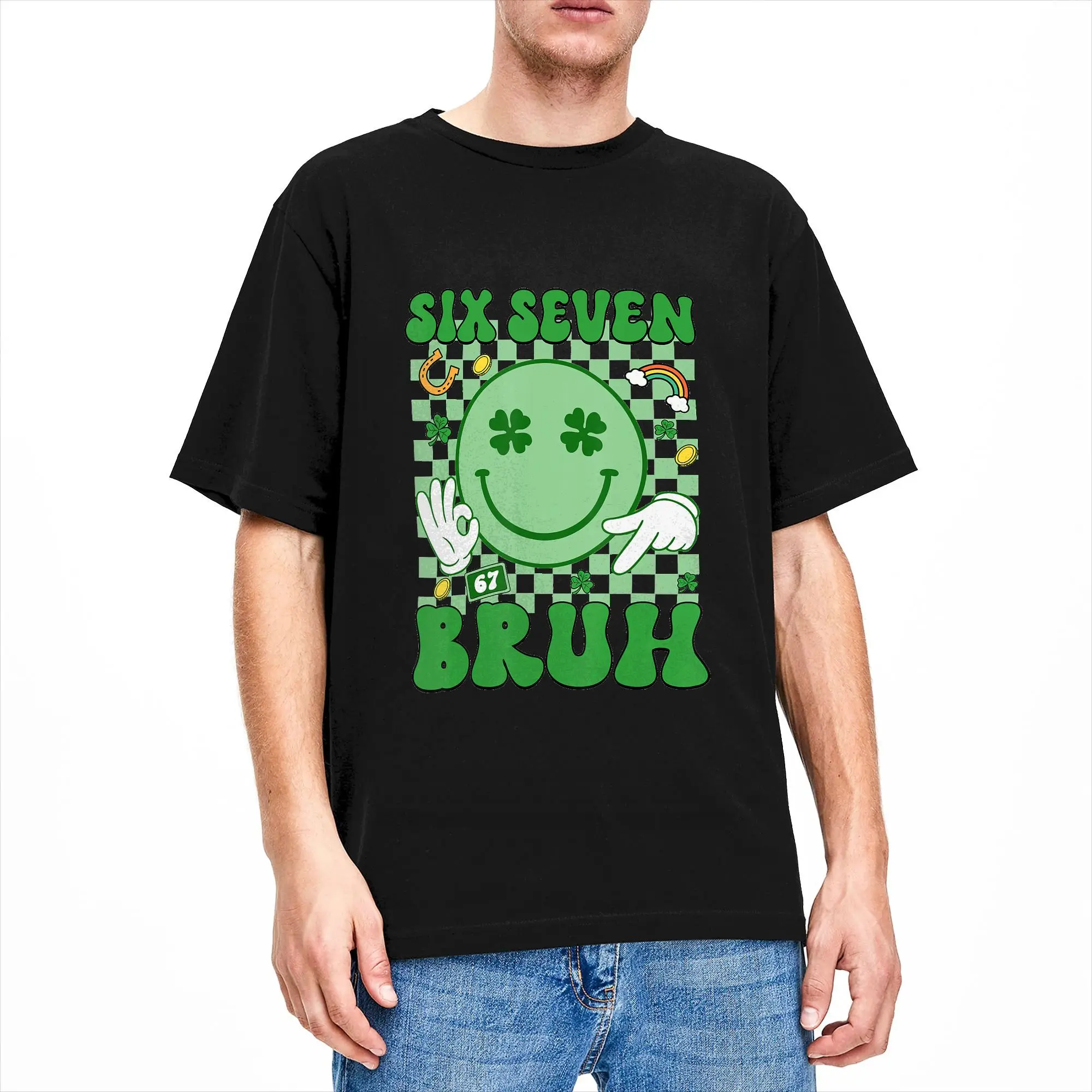 67 Meme Six Seven 6 7 Bruh St Patricks Day Men's T Shirt  Vintage Tees Short Sleeve Round Neck T-Shirts Cotton Plus Size Tops