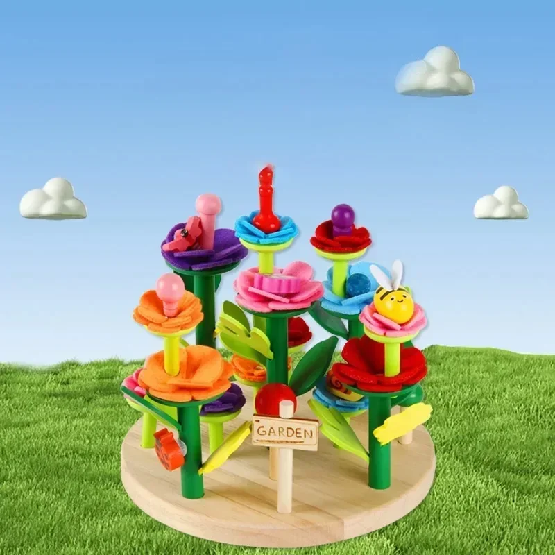 Juguetes de madera Montessori para construcción de jardín de flores, juego de arreglo floral, juguete educativo creativo para niños pequeños, regalo para niñas