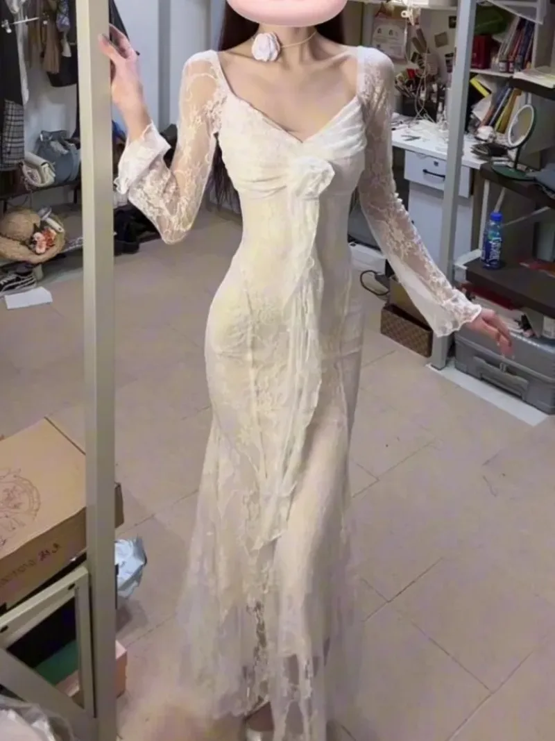 2025 New Summer Rose Ribbon V-neck Dresses Women Fashion Sexy  Lace Slim Fit Bodycon White Dress Women Clothing