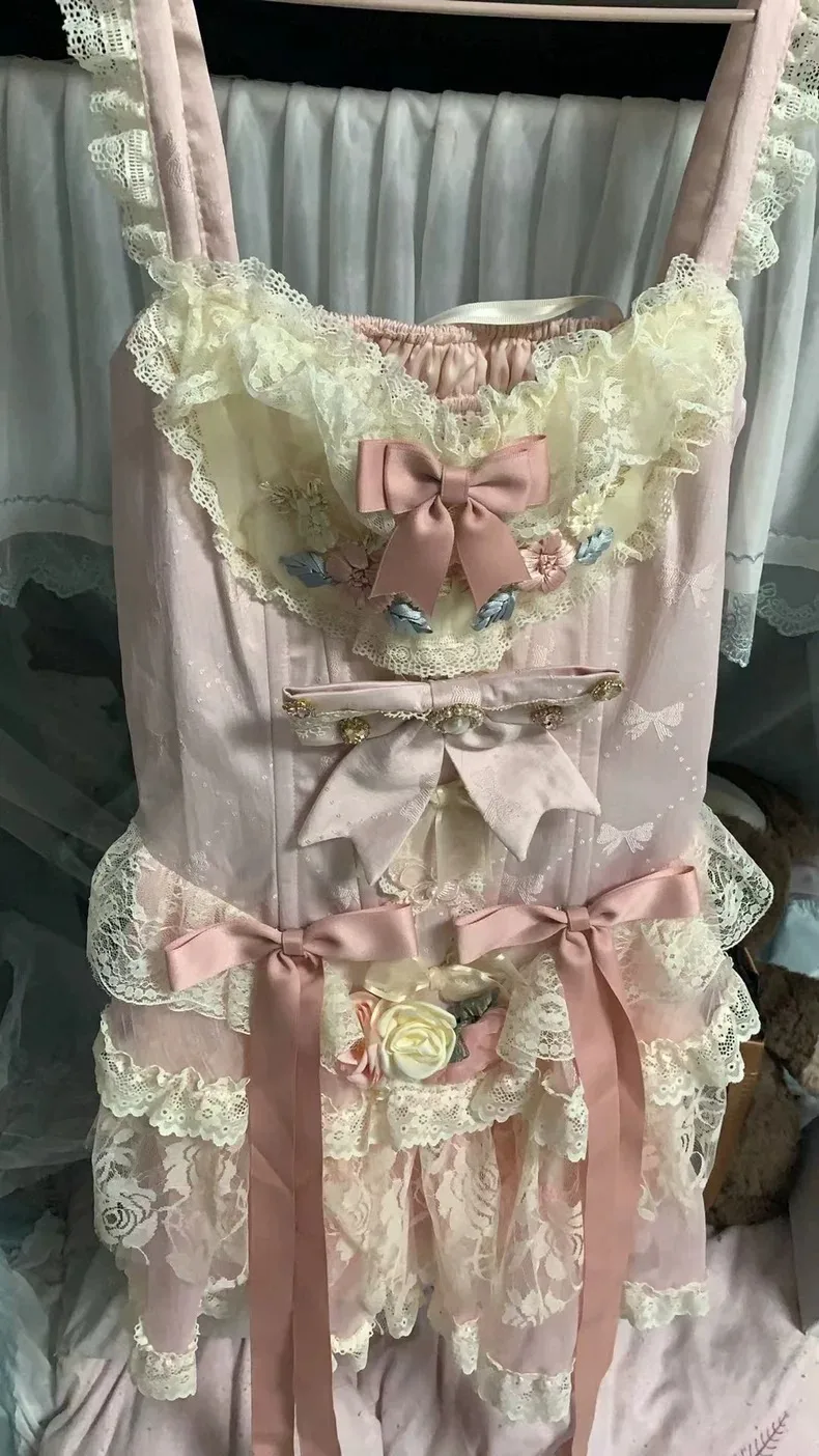 Autunno primavera dolce Lolita senza maniche rosa Patch pizzo luce Lolita vestito rosa fata abito da ballo