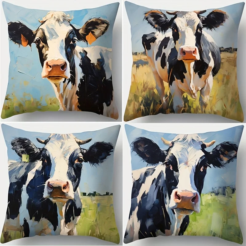 Fundas de Almohada Estilo Rústico, Fundas de Cojín con Estampado Realista de Vaca Holstein en un Prado, Decoración Acogedora para el Hogar, para Dormitorio y Sala de Estar