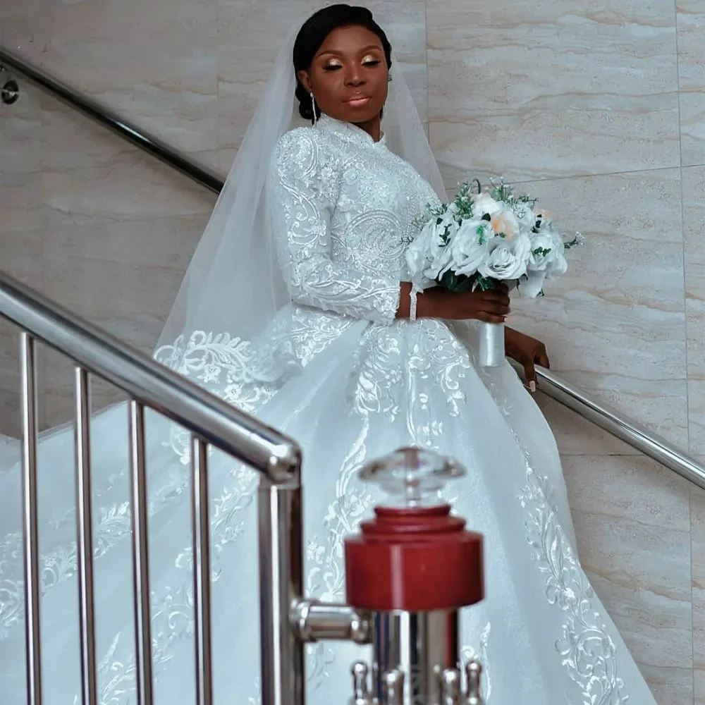 Vestido de noiva africano personalizado, manga comprida, espumante, tule, baile de noiva, gola alta, decalque de renda, vestido de noiva muçulmano