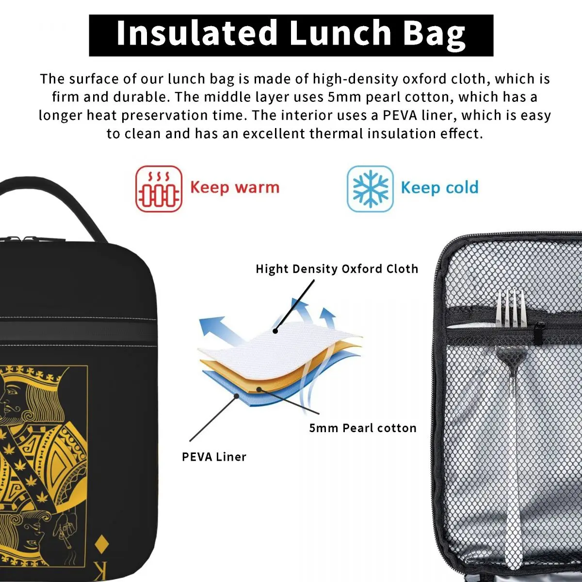King Of Diamonds Black Poker Playing Card Insulated Lunch Bag for Women Children Leakproof Food Boxes Thermal Lunch Box Tote