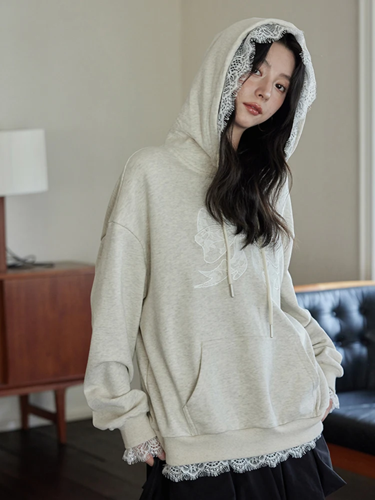 

Zoki Lace Patchwork Cute Hoodies Women Loose Long Sleeve Bow Print Vintage Pullover Korean Casual Female Preppy Style Sweet Tops