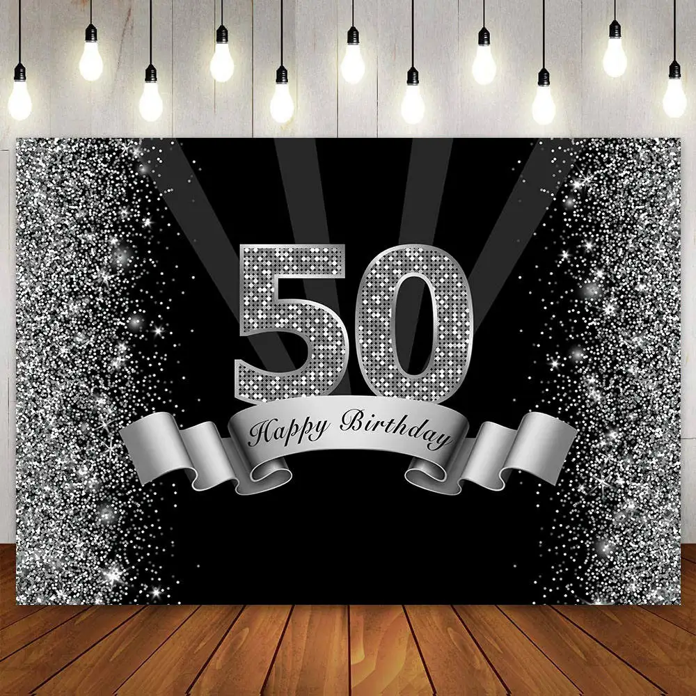 Happy 50th Birthday Party Decoration Backdrop Photography Background for Men Women Silver Photo Booth 50 Years Old Banner Poster