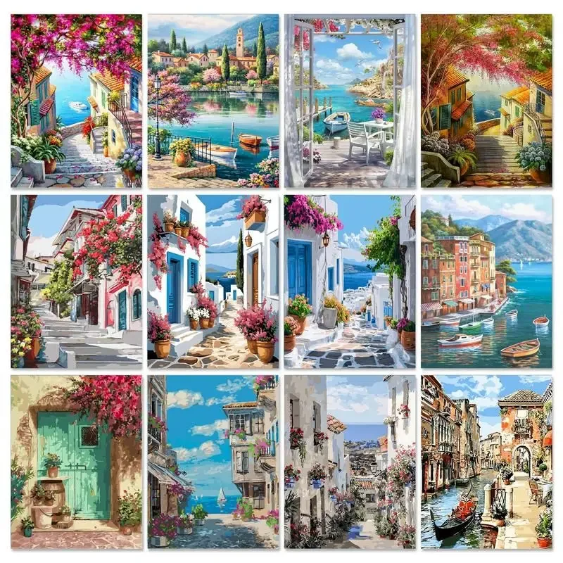 119596 Paint By Numbers For Adults Seaside Town DIY HandPainted Oil Painting Landscape Picture Home Wall Decor Gift