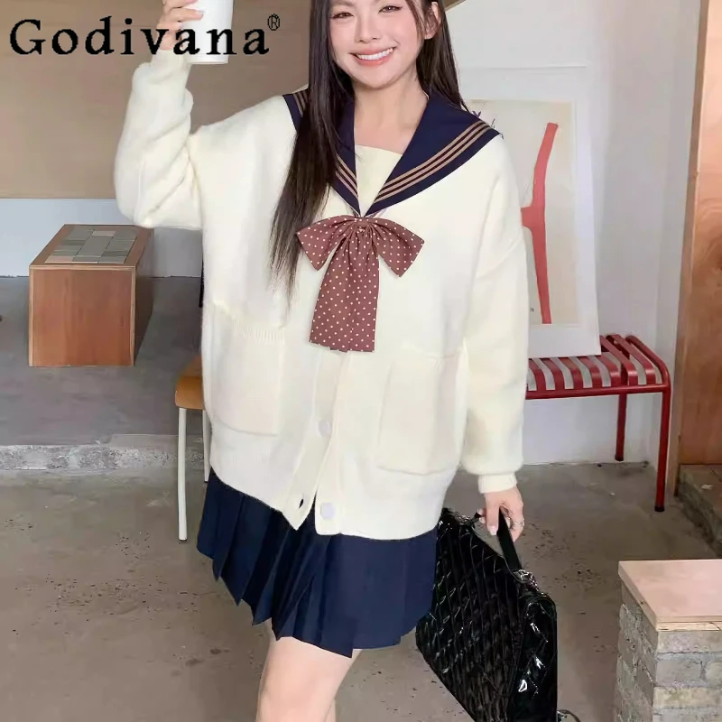 Large Size Jk College Apricot Age-reducing Japanese Sweater Cardigan Sweet Girl Loose Versatile Long Sleeve V-neck Knitted Coat