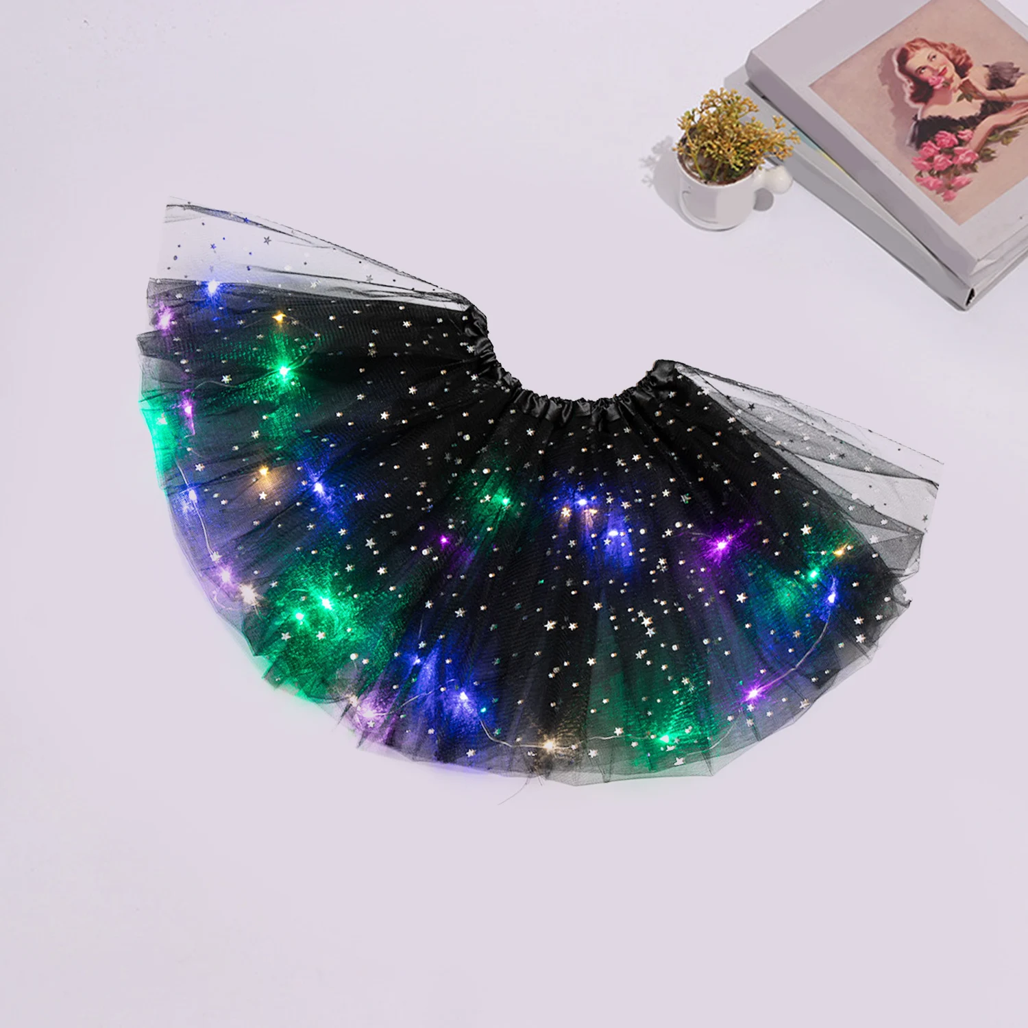 Falda de estrella de tul con luz LED brillante para mujer, minifalda de tutú corto, Ropa de baile de Ballet de lujo, disfraz de fiesta, minifalda