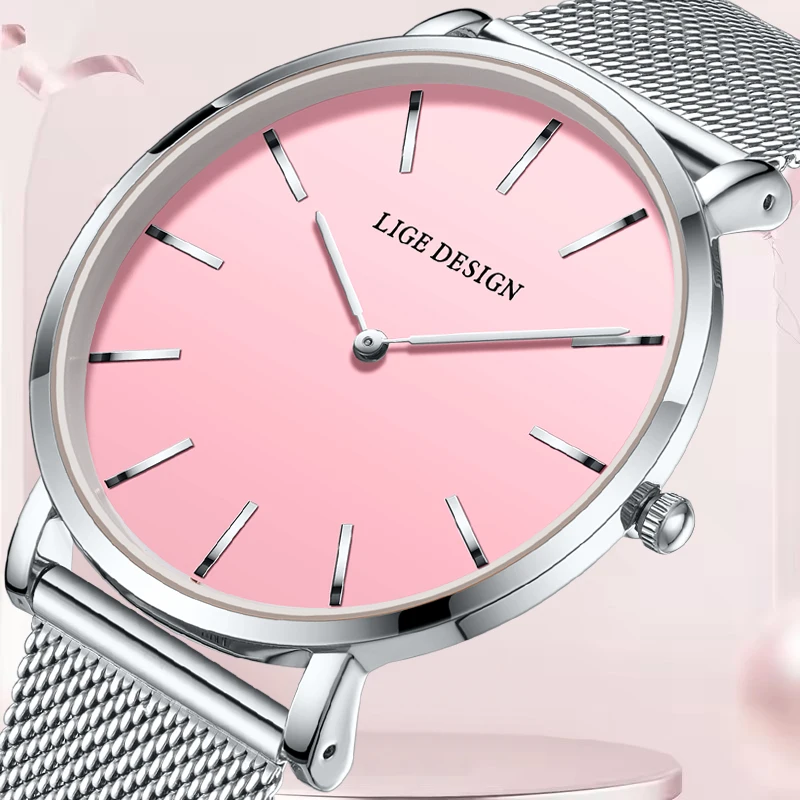 

LIGE Luxury Round Watch Women Silver Ultra Thin Mesh Women's Quartz Wristwatch Simple Elegant Bracelet Watches Gift For Women