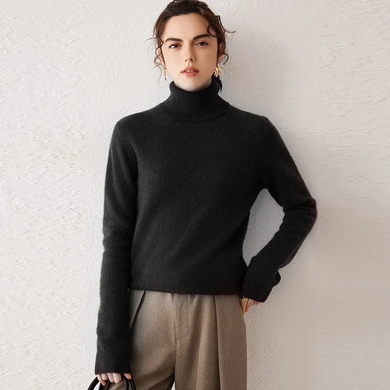 Classic versatile double-stranded thick high-necked women's pure color luxurious pure cashmere wool sweater knitting base layer