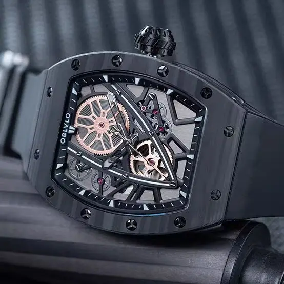 OBLVLO Men Automatic Watch 43mm Tonneau Mechanical Wristwatch Luminous Waterproof Sapphire Mirror Skeleton Dial Miyota Mov