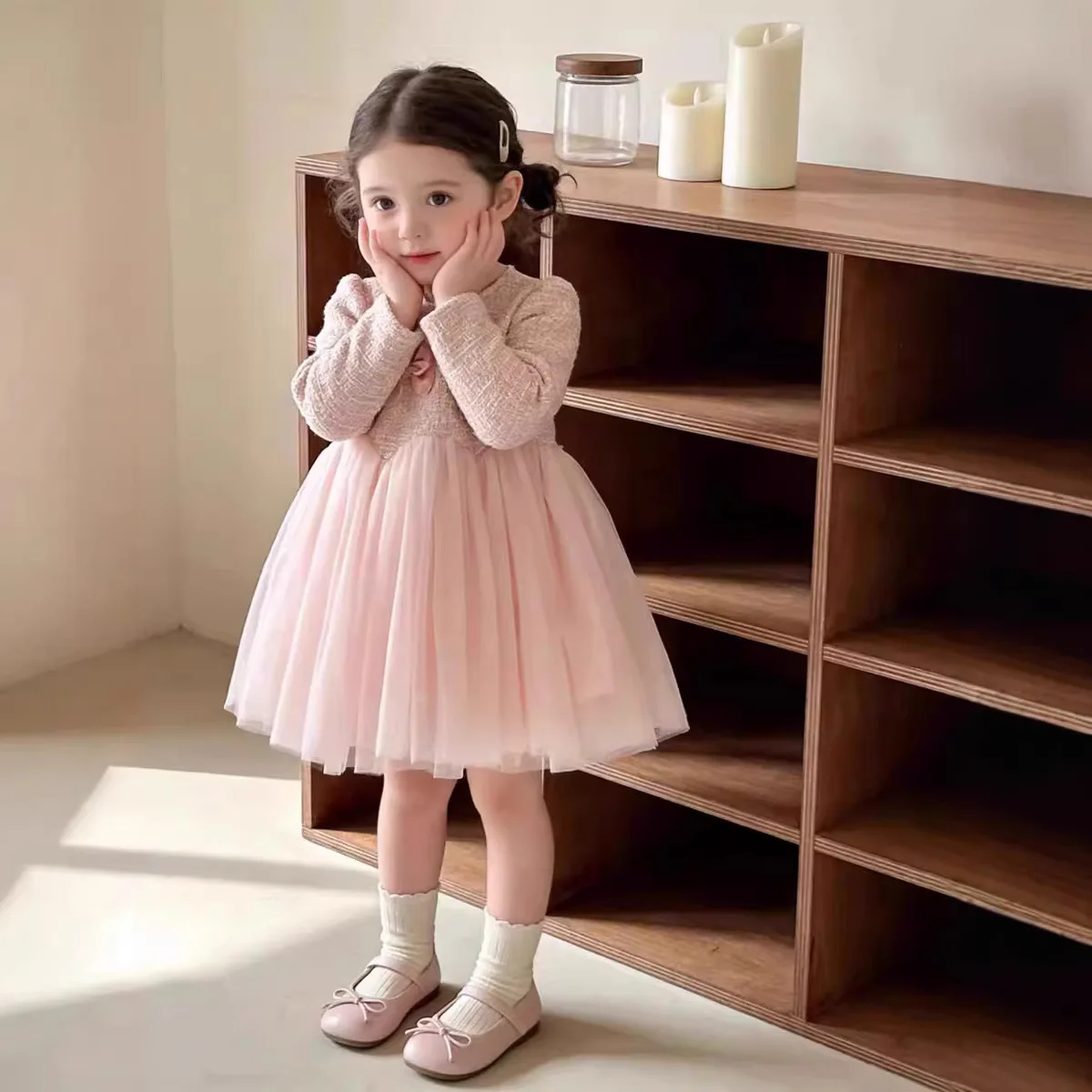 Girls Little Fragrant Style Dress 2026 New Spring Baby Fashionable Long Sleeve Mesh Patchwork Princess Dress Trendy