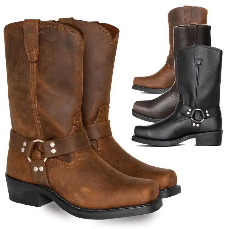 Retro Style Men'S Pu  Boots 45cm Leather Shoes Rivet Western Boots Comfortable Rubber Sole for Winter Season