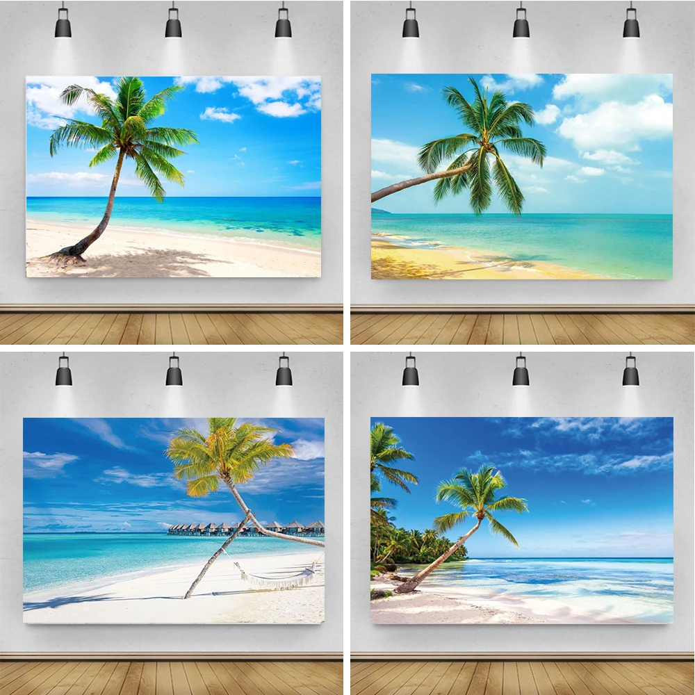 

Laeacco Summer Blue Sky Seaside Beach Palms Tree Scenery Photography Backgrounds Custom Photographic Backdrops For Photo Studio