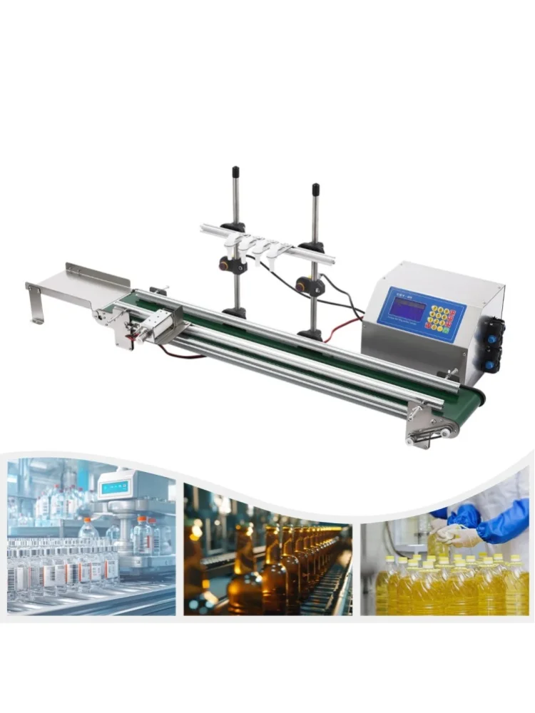 Automatische Förderband-Flüssigkeitsabfüllmaschine mit 1 bis 4 einstellbaren Düsen, LED-Bedienfeld, vorderer und hinterer Flaschensensor, Edelstahl-Aluminiumrahmen, kleine Getränkeproduktionsanlage