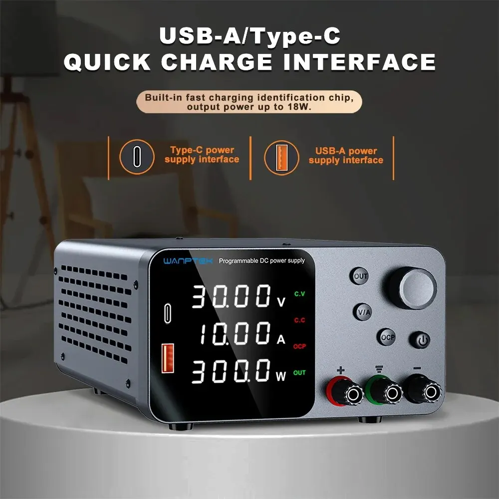 30V 10A DC Power Supply with USB-A/Type-C Connector for Fast Charging 4-digit LED Precision Display with Encoder Control