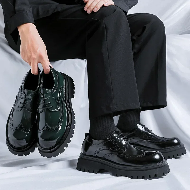 Brand Man Shoes Formal Green Glossy Leather Shoes for Men Lace Up Oxfords for Male Wedding Party Office Business Casual Shoe Men