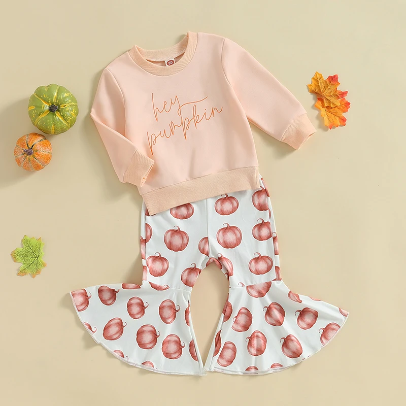 

Toddler Girl Autumn Halloween Costume Set Letter Print Long Sleeve Shirt Pumpkin Pattern Flare Pants 2-Piece Outfit for Fall