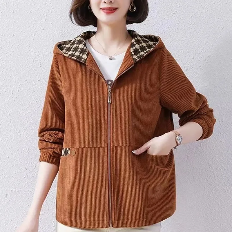 Women\'s Corduroy Coat New Fashion Hooded Spring Autumn Short Jacket Loose Female Windbreakers Casual Tops Casaco Feminino