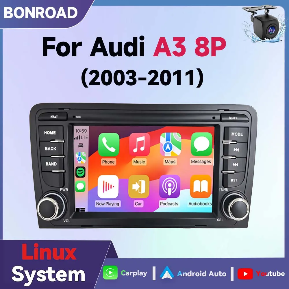 BONROAD, autoradio multimediale da 7 pollici con CarPlay e Android Auto, compatibile con Audi A3 8P, RS3, S3 (2003-2012), sistema operativo Linux, con funzionalità MirrorLink, YouTube, Bluetooth, DSP,