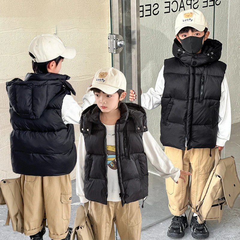 Children Down Vest Autumn Winter Black Sleeveless Warm Hooded Waistcoat Teen Boys Girls Lightweight Casual Outerwear