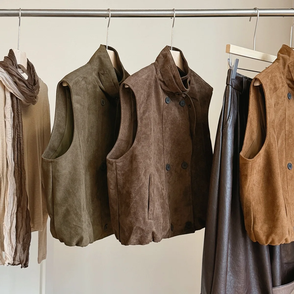 Seoulish 2026 Autumn Outwear Women Jackets Vintage Suede Fleece Vest Coat Stand Collar Double Breasted Loose Layering Waistcoat