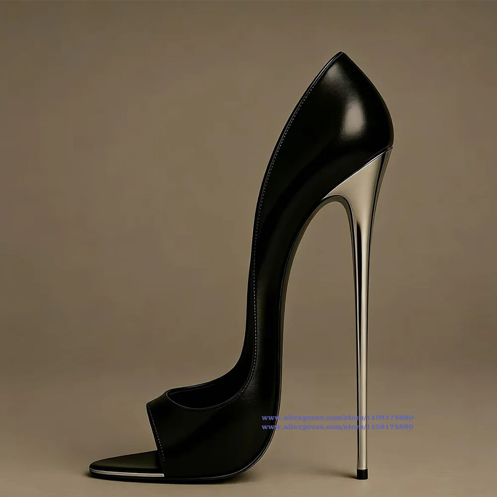 Black Leather Stiletto Heels Peep Toe Pumps Summer Elegant Women's Metallic Heel Slip On High Heels Sandalias De Mujer Verano