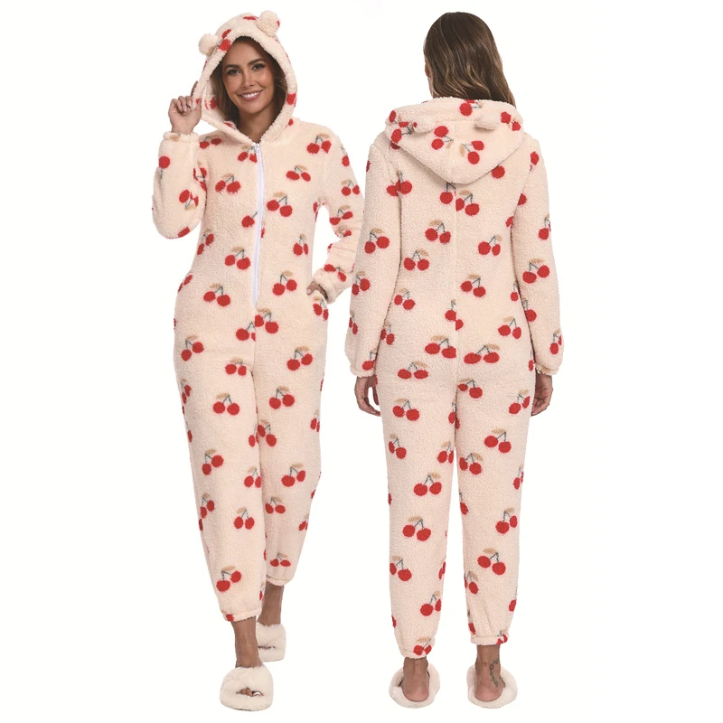 

New Ladies Plush Sweet Cherry Print Loungewear Luxury Soft Winter Warm Hooded Jumpsuits PJS Flannel One -piece Pyjamas Homewear
