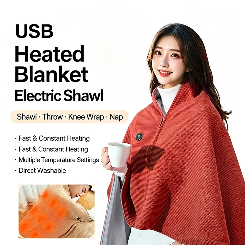 USB Electric Heated Blanket 3 Heating Levels Heated Shawl Blankets Winter Wearable Body Warmer Blanket For Home Office Sofa Nap