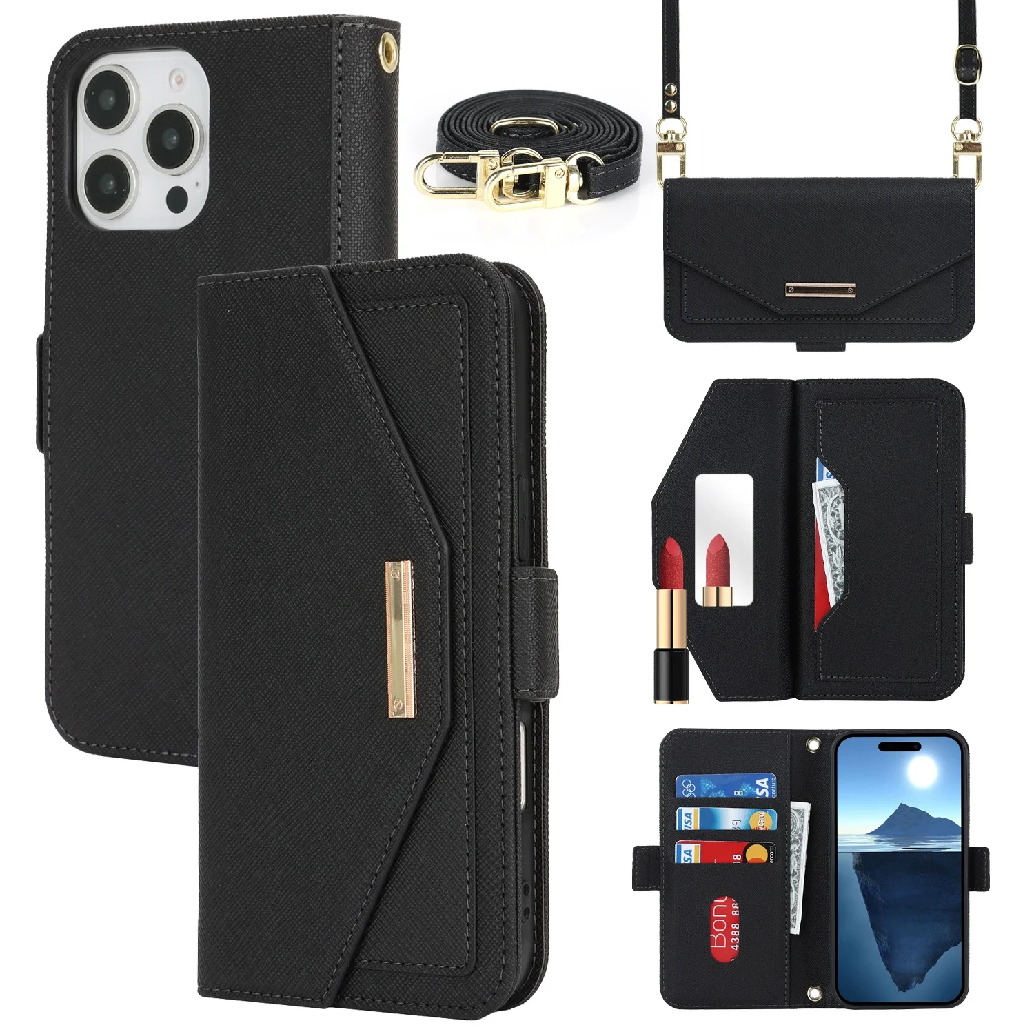 Portefeuille à bandoulière avec porte-cartes, étui de téléphone en cuir pour iPhone 16 15 14 13 12 11 Mini Pro Max X Poly 7 8 Plus Cover