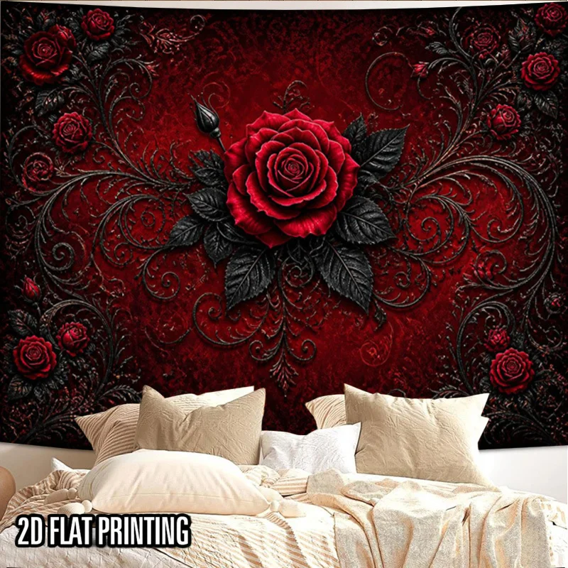 Dark Red Rose Wall Tapestry, Vintage Ornate Vines & Red Roses, Gothic Floral Pattern, Art Hanging for Living Room Wall Decor