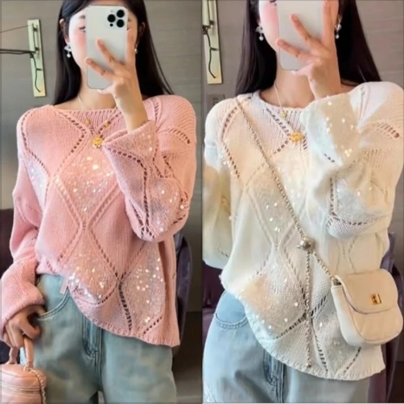 Sequin Hollow Out Knitted Sweater Women Diamond Loose Long Sleeve Top Sun Protection Sunscreen Air Conditioning Clothes