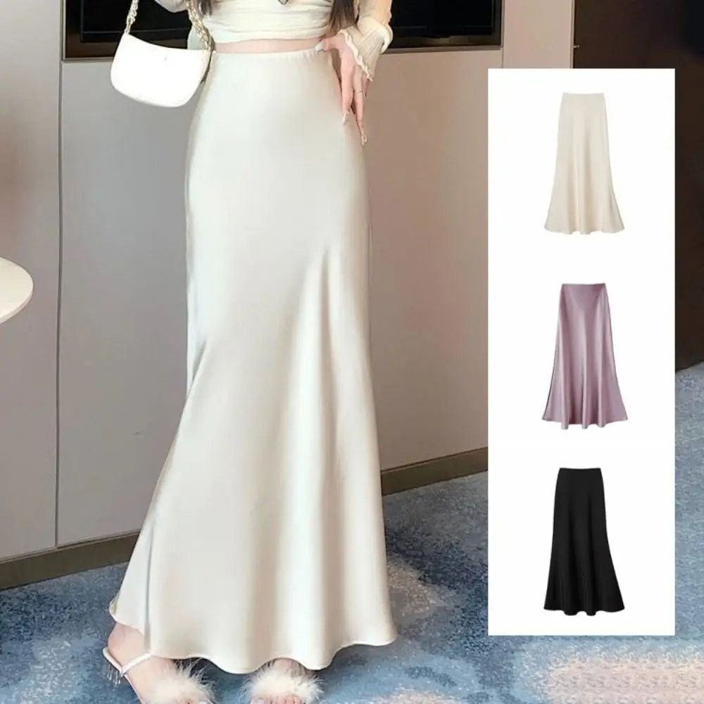 

Simple Summer Satin Silk Long Skirt High Waist Slim Fit High Waisted Skirts Half Body Dress A Line Midi Skirt Girl