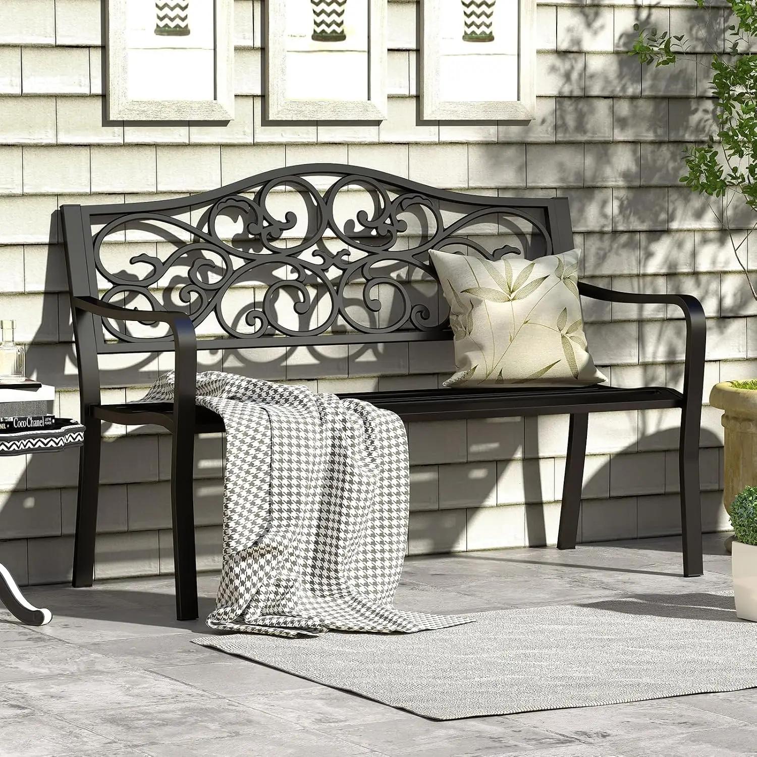 Outdoor Garden Park Bench 50 Inches Cast Iron Metal Floral Backrest Armrests Slatted Seat Porch Lawn Yard, Customized