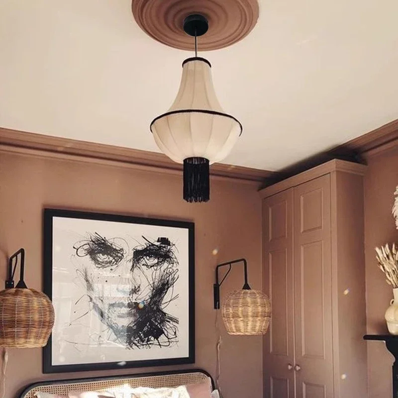 Japoński Retro Wabi Sabi Biała Tkanina Lampa Wisząca Salon Jadalnia Sypialnia Tkanina Frędzel Lampa Wisząca Home Decor Oprawy Wewnętrzne